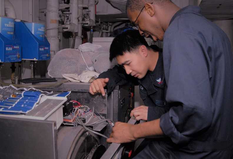 men repairing washing machine